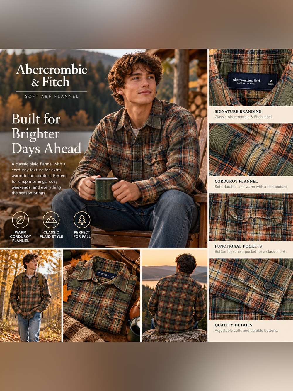 Abercrombie & Fitch Soft & Flannel Shirt Plaid Button Down in Green & Orange
